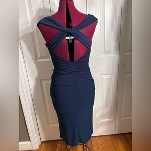 LAUNDRY Blue Ruched BodyCon Dress w Corset Top, Cap Sleeve & Open Back. 8